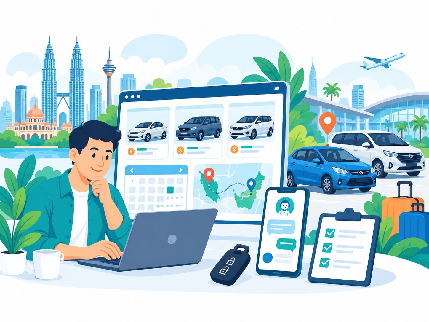 Car rental website Malaysia with vehicle listings pricing booking WhatsApp availability and pickup locations