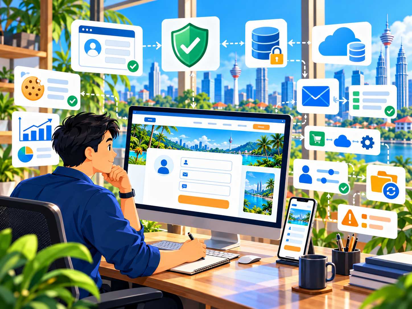 Website privacy and PDPA Malaysia showing customer forms, personal data, secure storage, consent, analytics and privacy-by-design for a business website