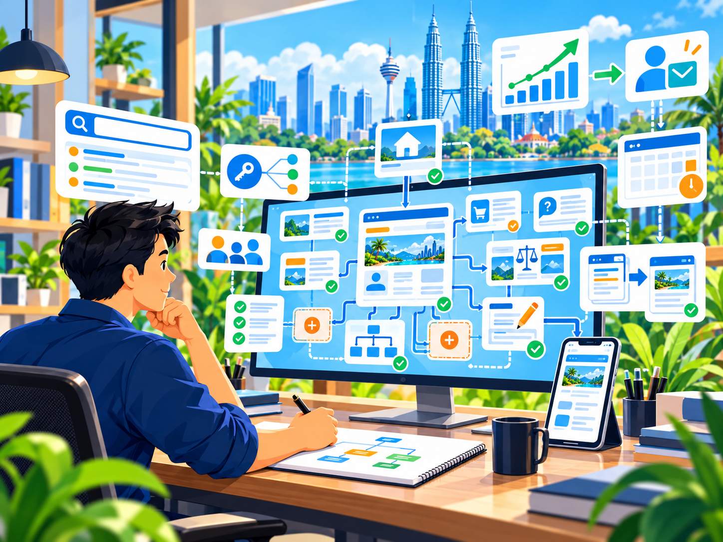 SEO content strategy Malaysia showing topic clusters, search intent, content planning, internal links and an organised website content structure