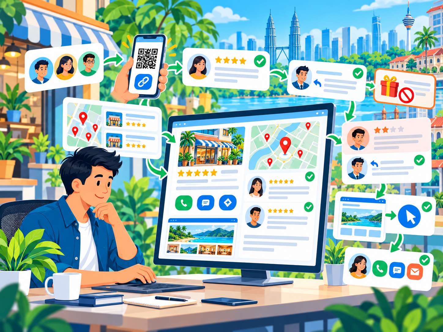 Google Reviews and Local SEO Malaysia showing customer reviews, local search visibility, map discovery, business replies and customer enquiries