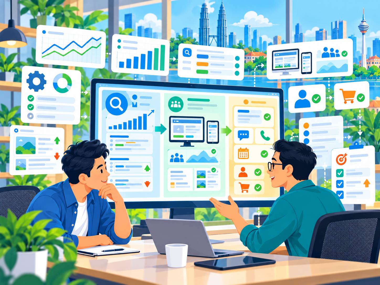 SEO reporting Malaysia menunjukkan search visibility, organic traffic, landing pages, key events, enquiries dan tindakan SEO seterusnya