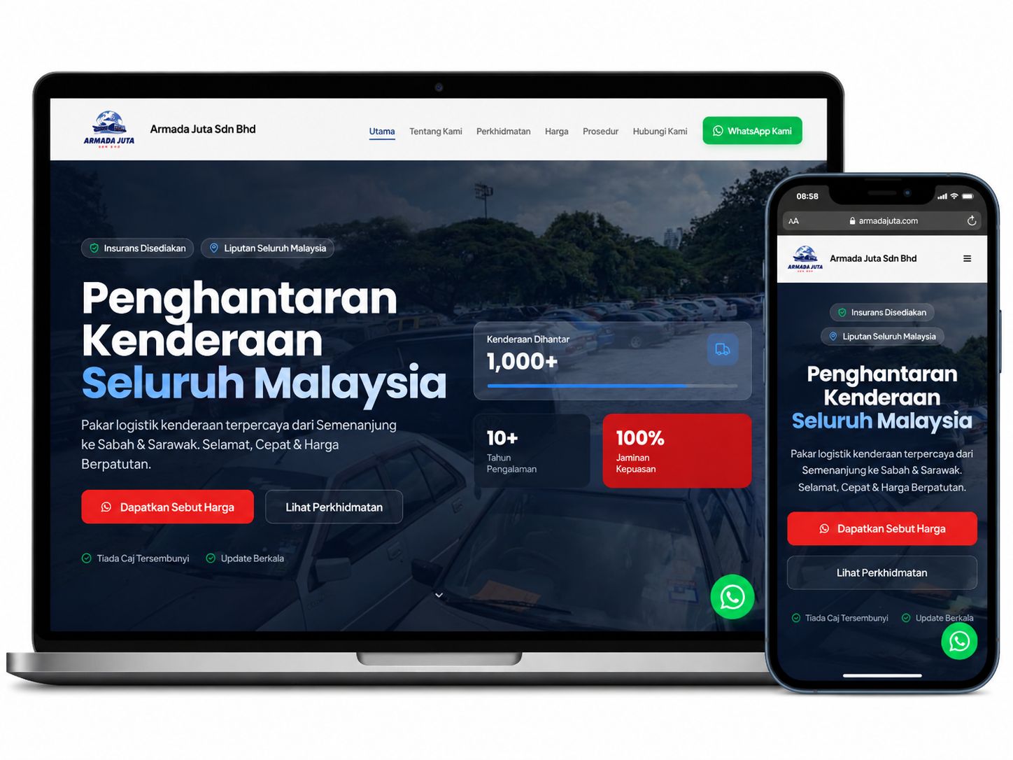 Laman web Armada Juta Sdn Bhd dipaparkan dalam paparan desktop dan mudah alih dengan reka bentuk responsif