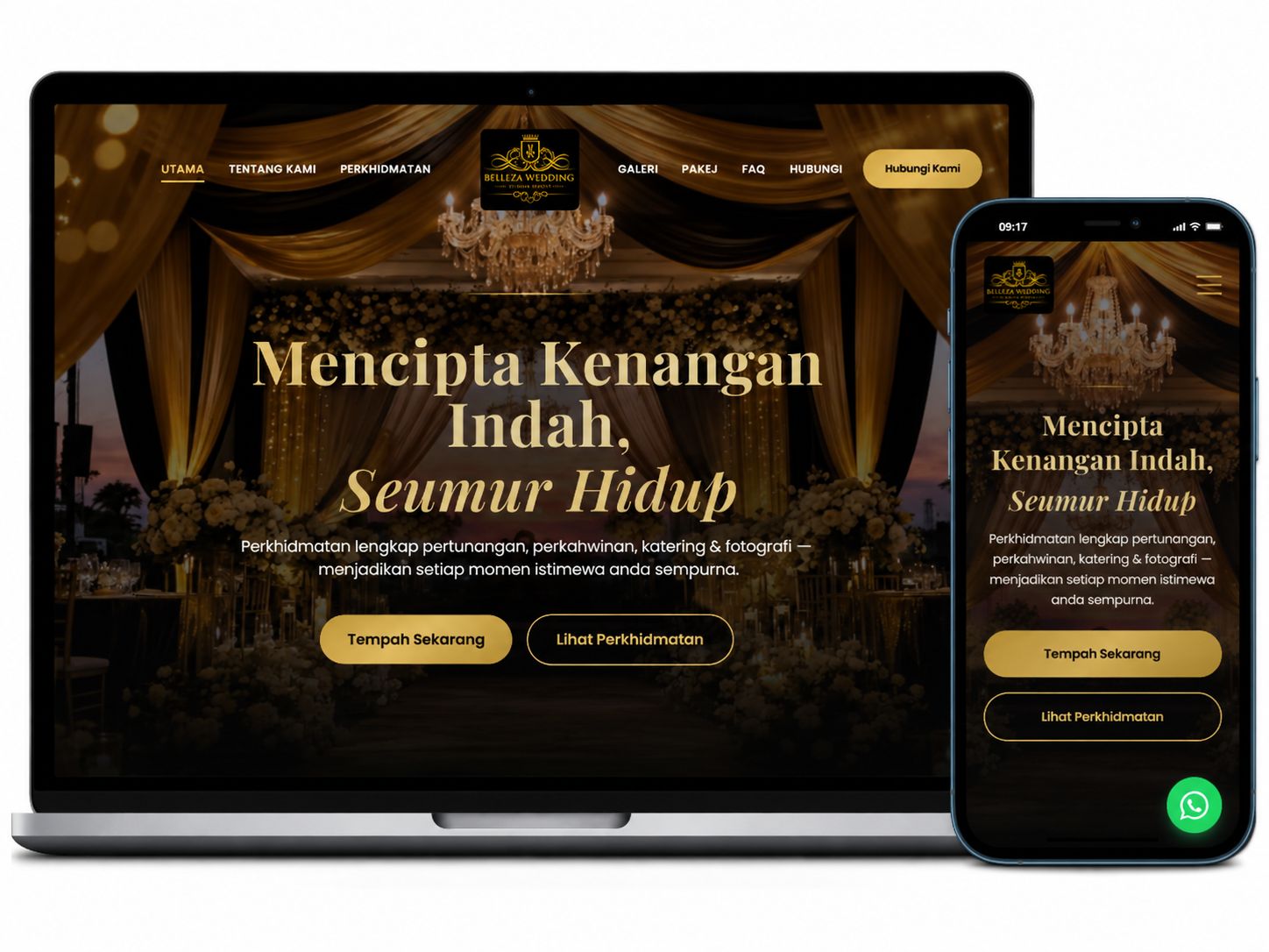Laman web Belleza Wedding dipaparkan dalam paparan desktop dan mudah alih dengan reka bentuk elegan dan responsif