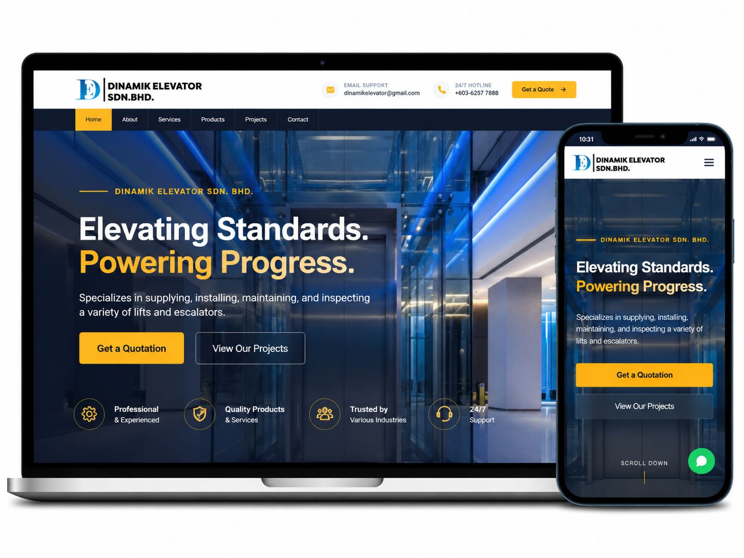 Laman web Dinamik Elevator Sdn. Bhd. dipaparkan pada paparan desktop dan mudah alih dengan reka bentuk responsif
