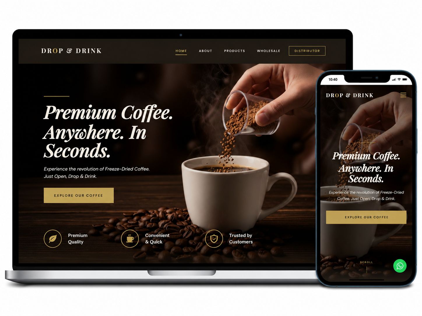 Laman web Drop & Drink dipaparkan pada komputer riba dan telefon mudah alih dengan reka bentuk responsif untuk jenama kopi premium