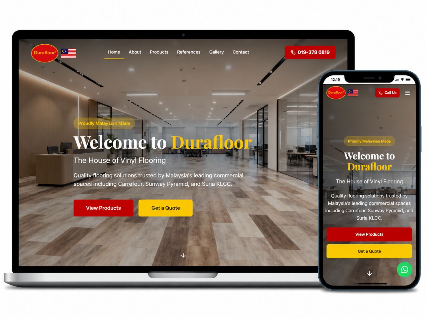 Laman web Durafloor Vinyl Flooring dipaparkan pada komputer riba dan telefon mudah alih dengan reka bentuk responsif
