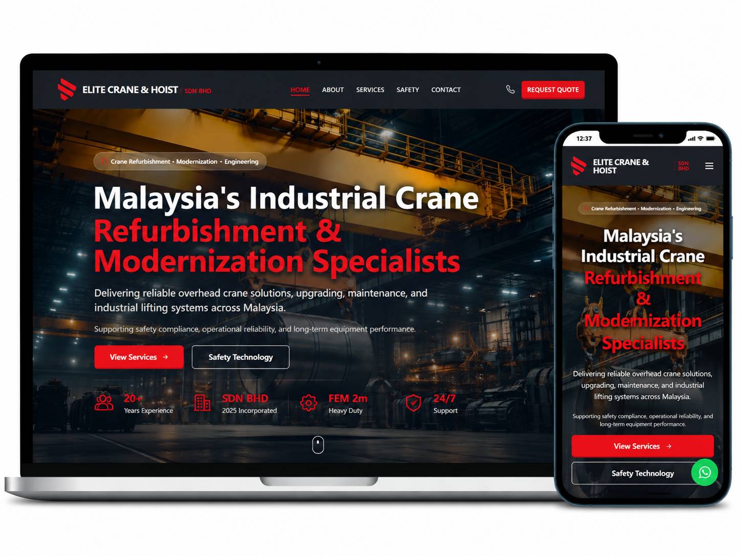 Laman web Elite Crane & Hoist Sdn Bhd dipaparkan pada komputer riba dan telefon mudah alih dengan reka bentuk responsif