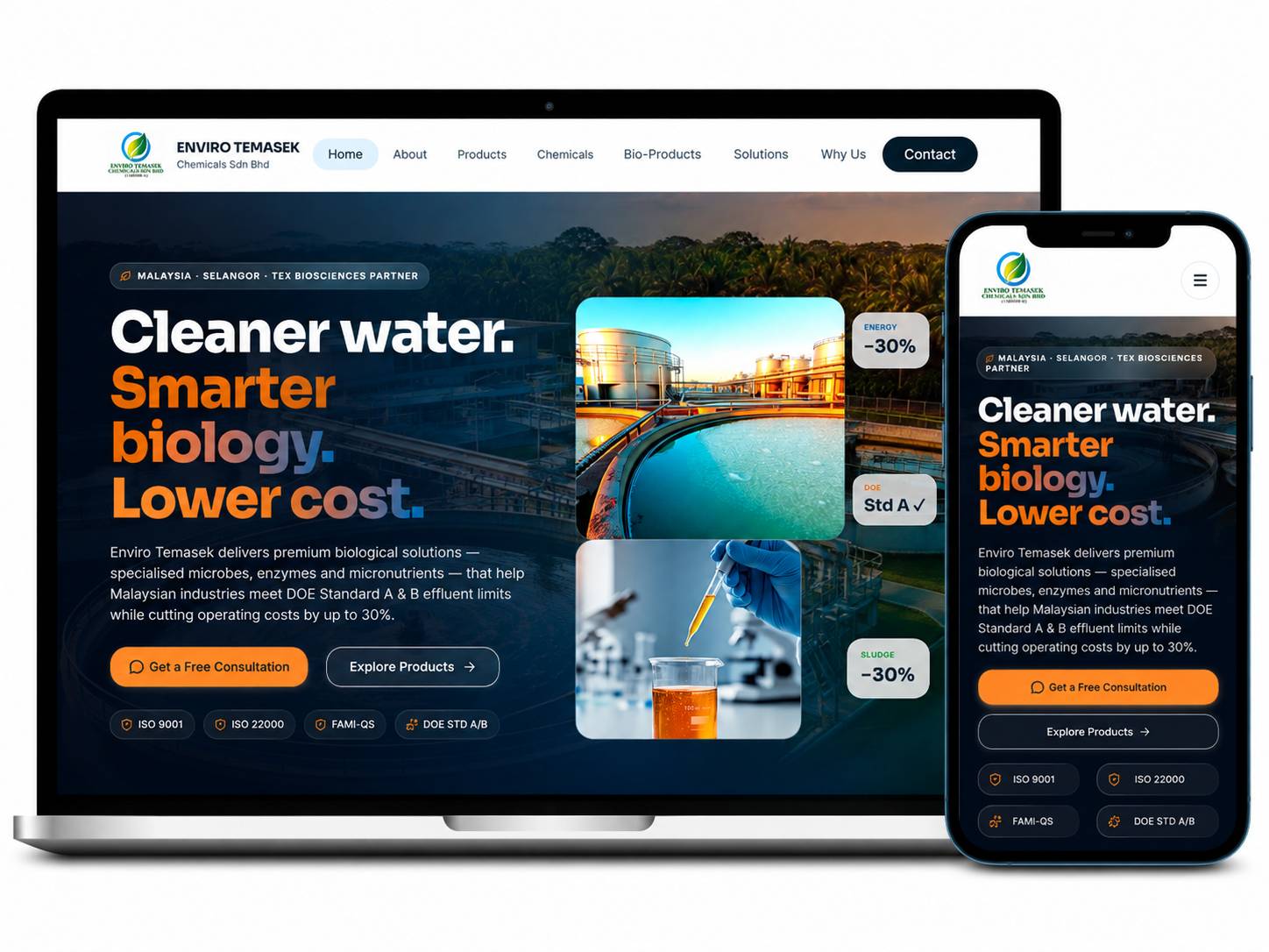 Laman web Enviro Temasek Chemicals Sdn Bhd dipaparkan pada komputer riba dan telefon mudah alih dengan reka bentuk responsif