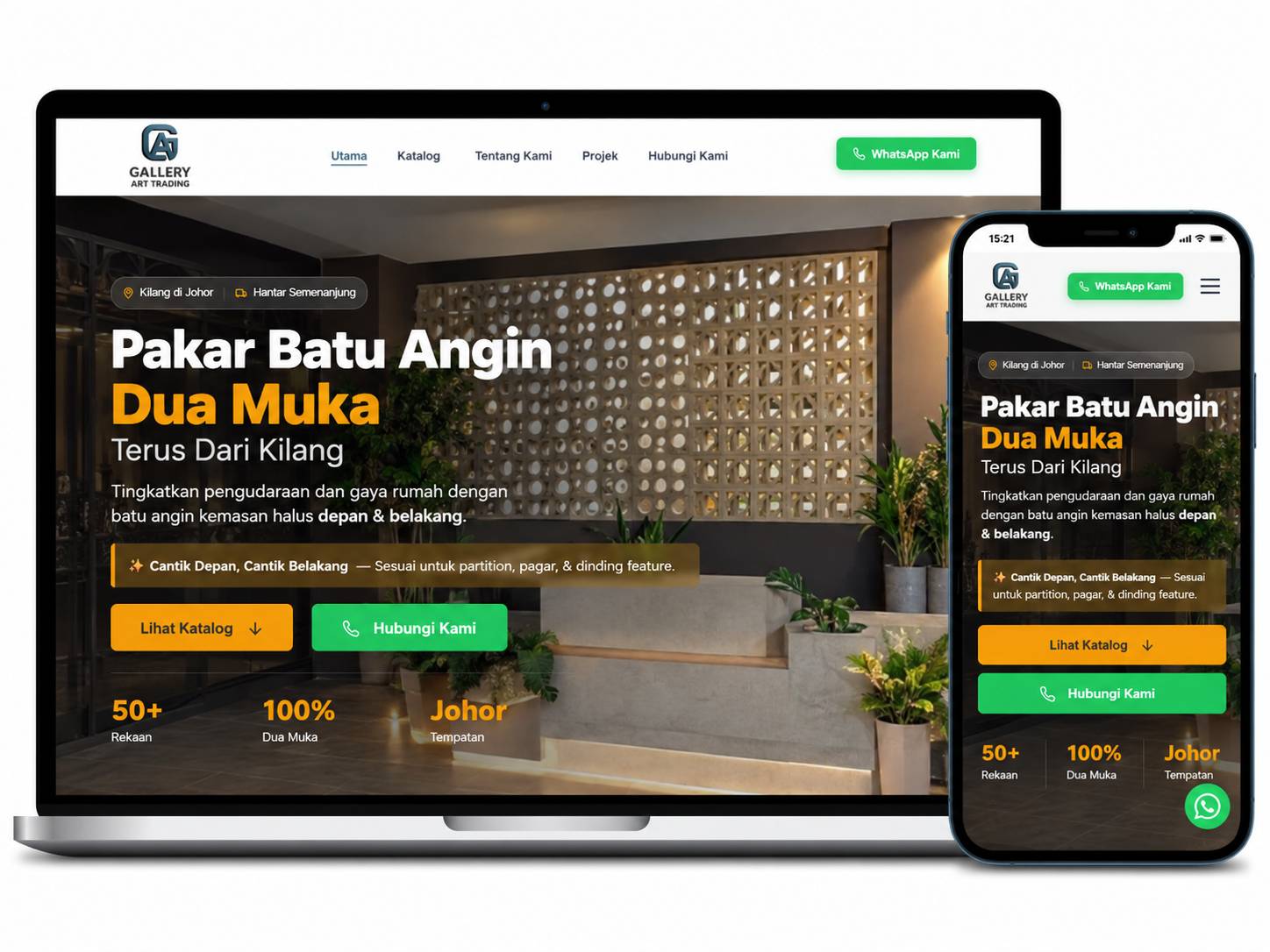 Laman web Gallery Art Trading dipaparkan pada komputer riba dan telefon mudah alih dengan reka bentuk responsif untuk produk batu angin dua muka