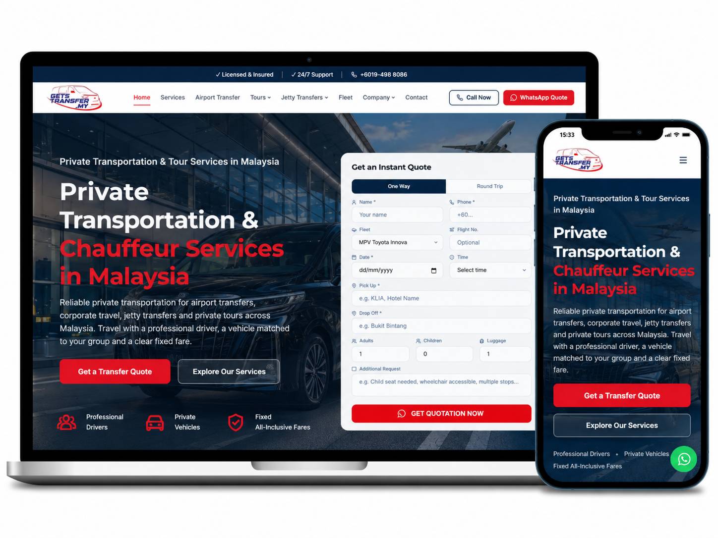 Laman web GetsTransfer.my dipaparkan pada komputer riba dan telefon mudah alih dengan sistem tempahan pengangkutan responsif