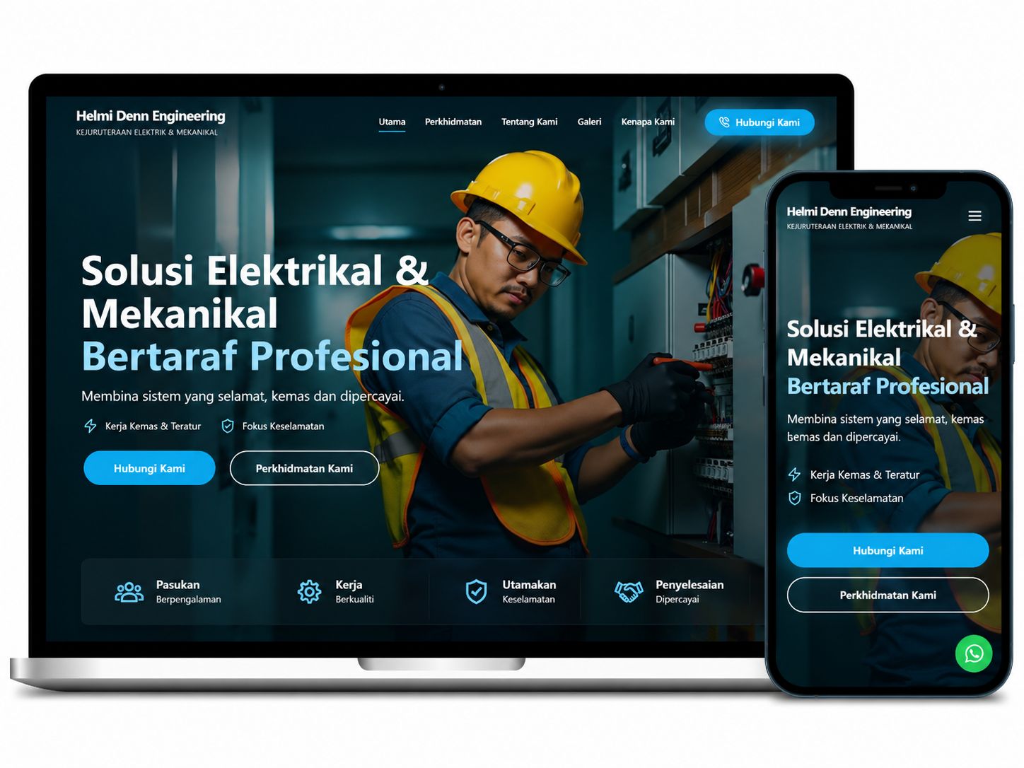 Laman web Helmi Denn Engineering dipaparkan pada komputer riba dan telefon mudah alih dengan reka bentuk responsif