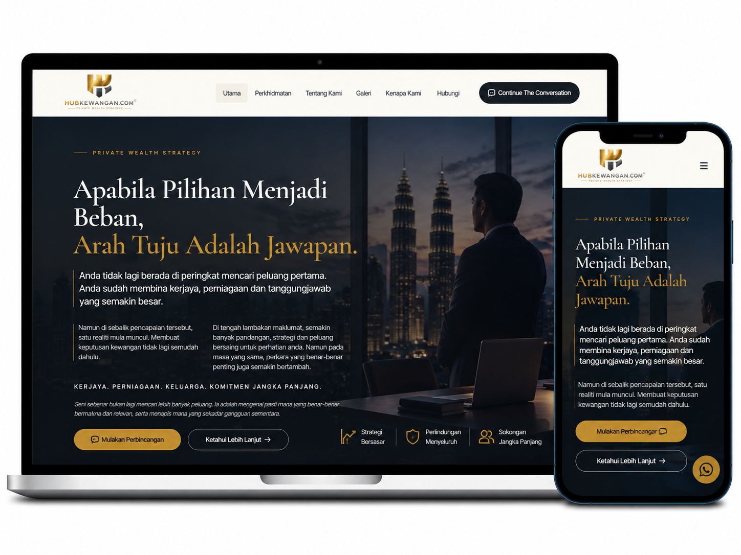 Laman web HubKewangan.com dipaparkan pada komputer riba dan telefon mudah alih dengan reka bentuk premium yang responsif