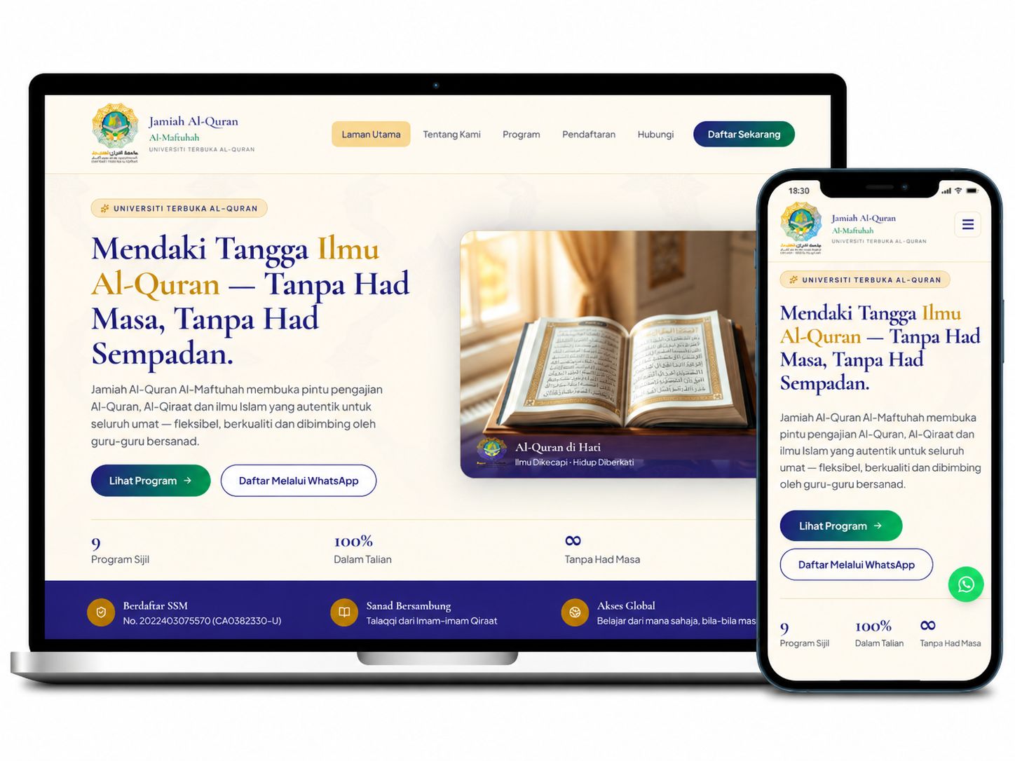 Laman web Jamiah Al-Quran Al-Maftuhah dipaparkan pada komputer riba dan telefon mudah alih dengan reka bentuk responsif