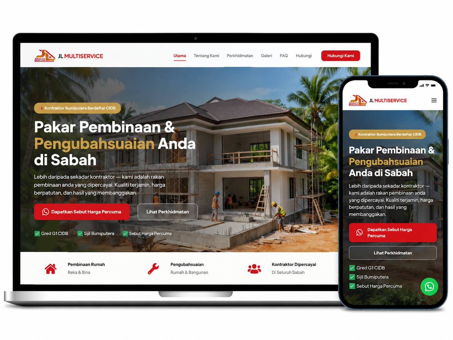 Laman web JL MULTISERVICE dipaparkan pada komputer riba dan telefon mudah alih dengan reka bentuk responsif