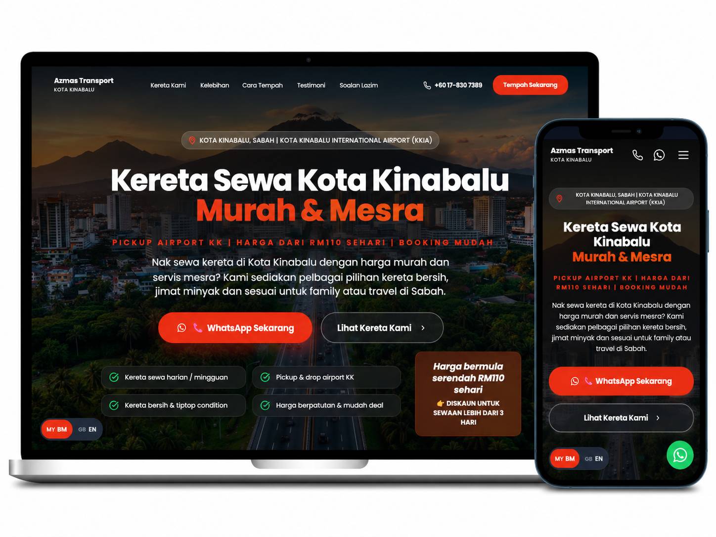 Laman web Azmas Transport dipaparkan pada komputer riba dan telefon mudah alih dengan reka bentuk responsif