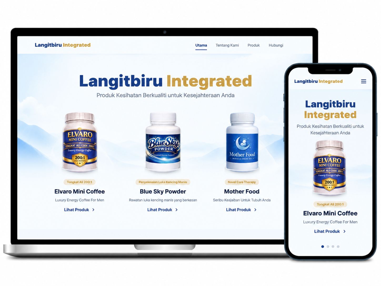 Laman web Langitbiru Integrated dipaparkan pada komputer riba dan telefon mudah alih dengan reka bentuk responsif