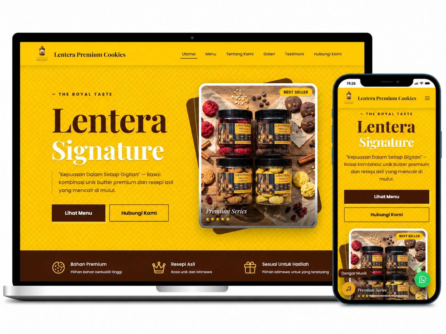 Laman web Lentera Premium Cookies dipaparkan pada komputer riba dan telefon mudah alih dengan reka bentuk responsif