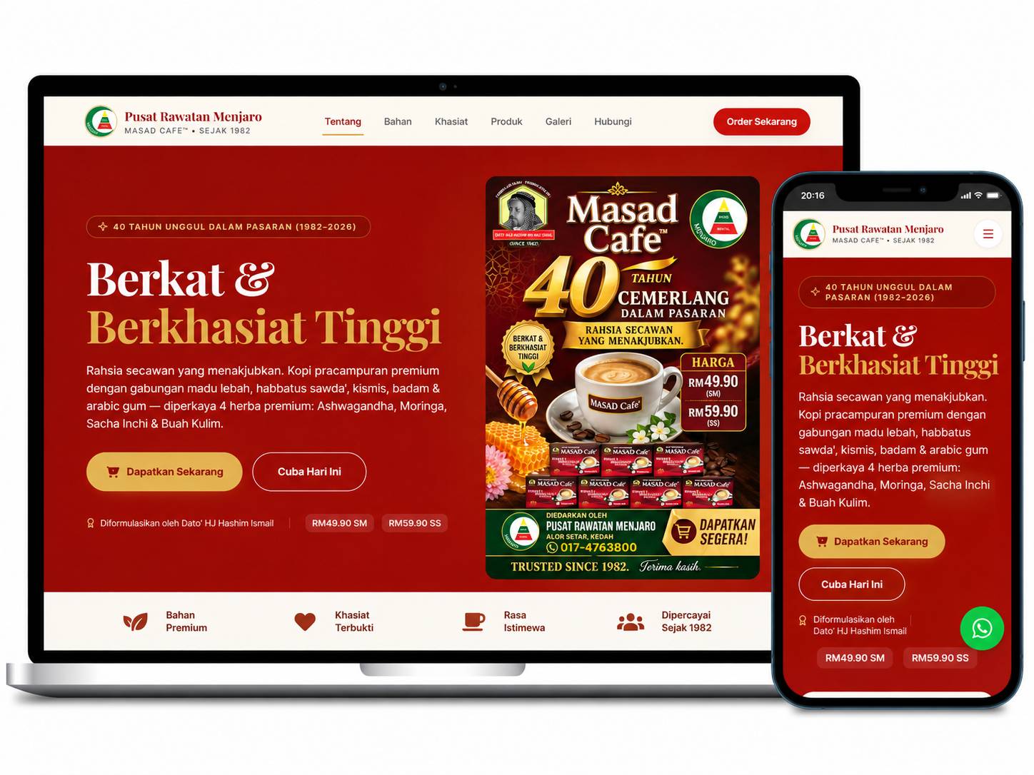 Laman web Masad Cafe™ dipaparkan pada komputer riba dan telefon mudah alih dengan reka bentuk responsif