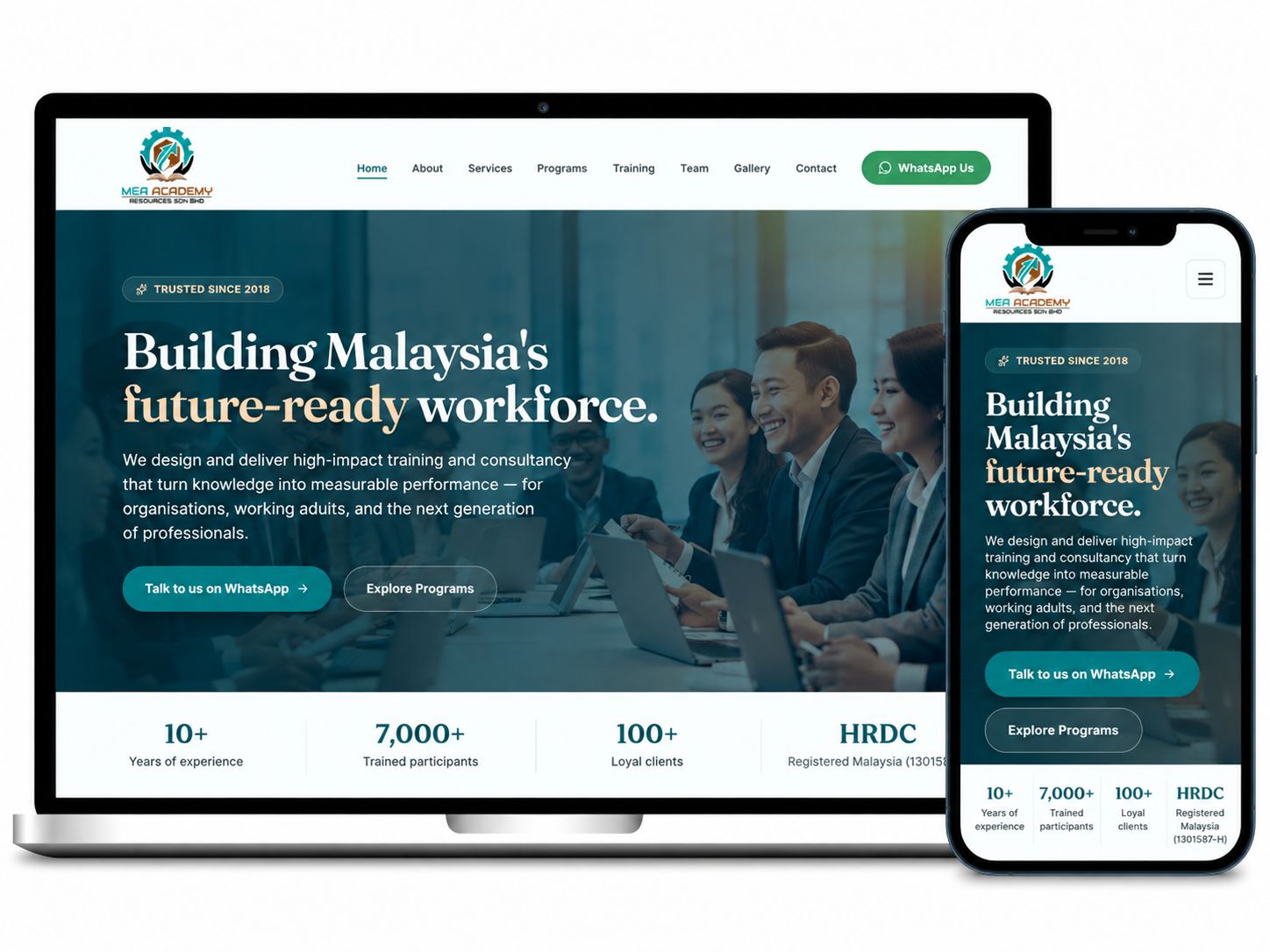 Laman web MEA Academy Resources dipaparkan pada komputer riba dan telefon mudah alih dengan reka bentuk responsif