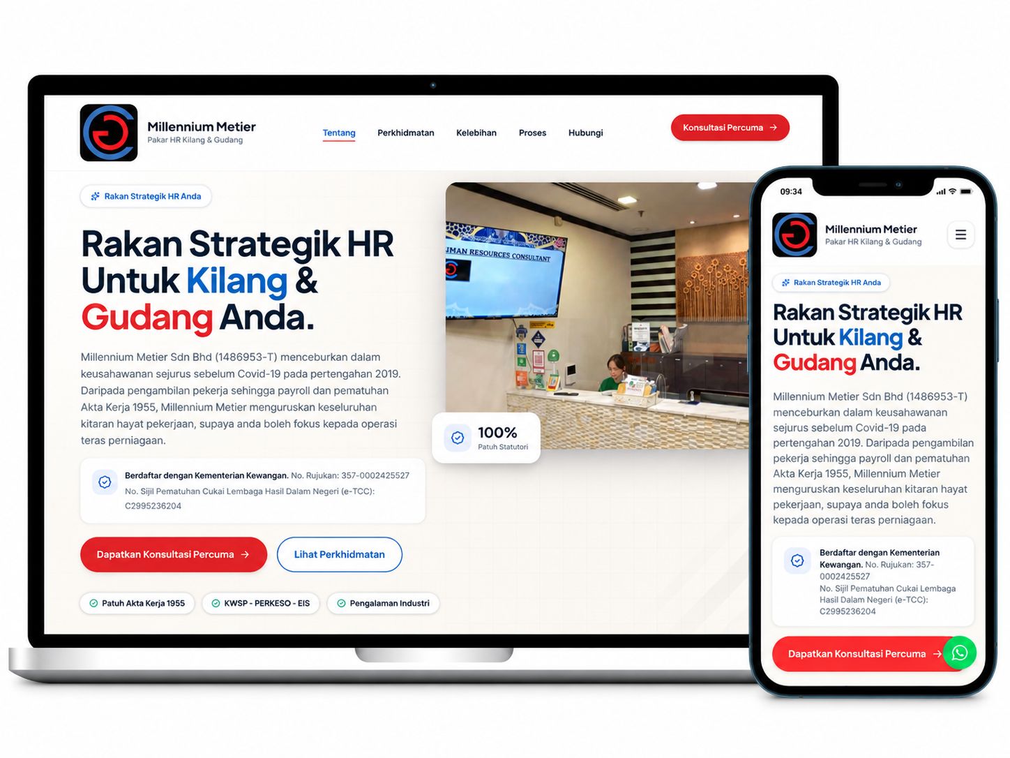 Laman web Millennium Metier dipaparkan pada komputer riba dan telefon mudah alih dengan reka bentuk responsif