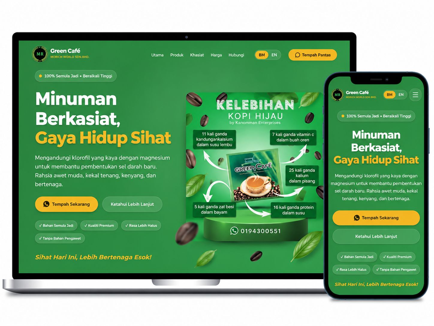 Laman web Morich World dan Green Café dipaparkan pada komputer riba dan telefon mudah alih dengan reka bentuk responsif