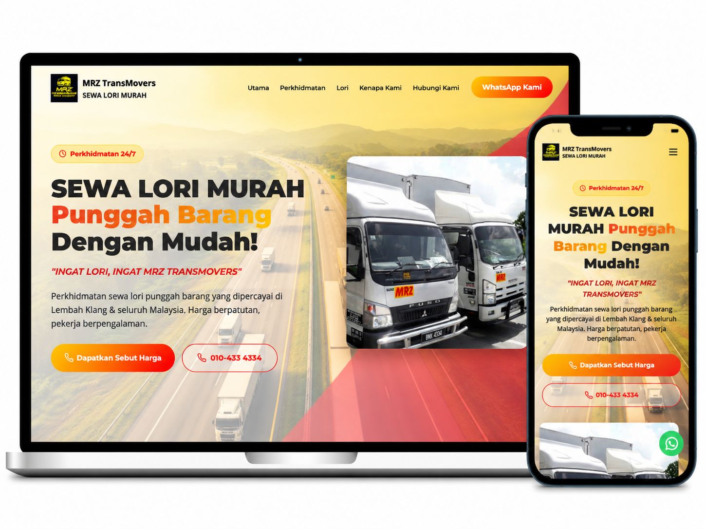 Laman web MRZ TransMovers dipaparkan pada komputer riba dan telefon mudah alih dengan reka bentuk responsif