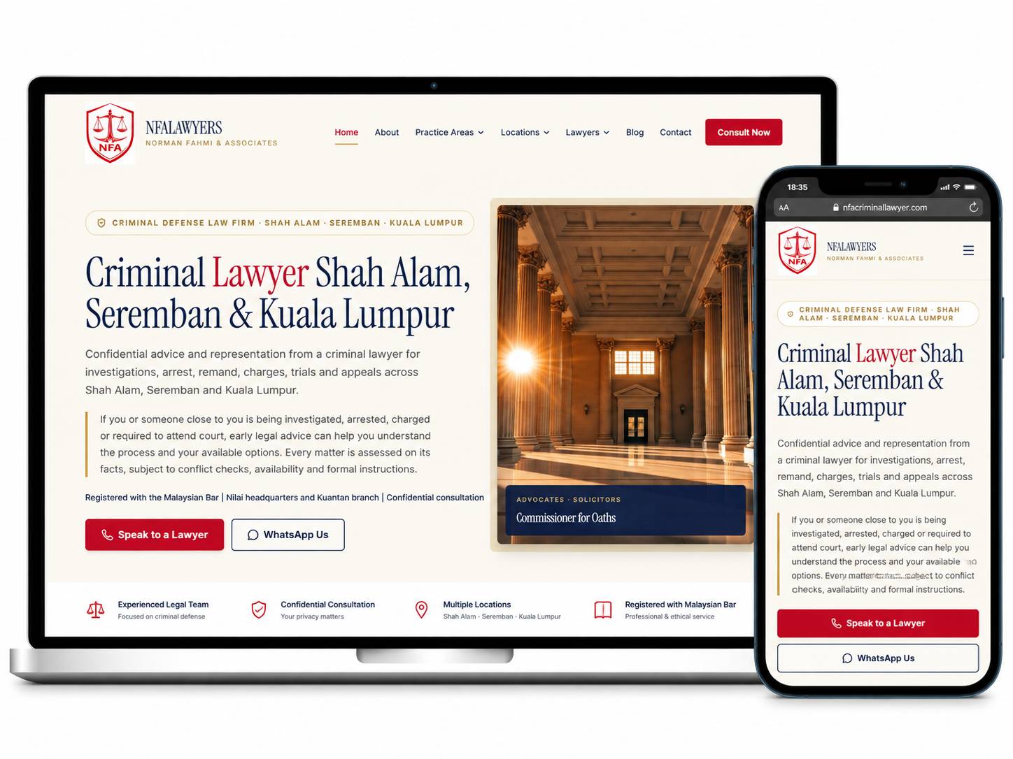 Laman web NFALAWYERS dipaparkan pada komputer riba dan telefon mudah alih dengan reka bentuk responsif