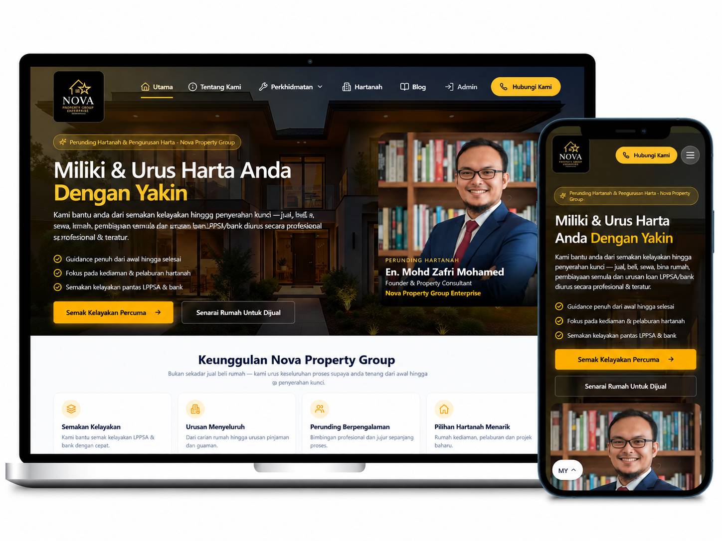 Laman web Nova Property Group Enterprise dipaparkan pada komputer riba dan telefon mudah alih dengan reka bentuk responsif