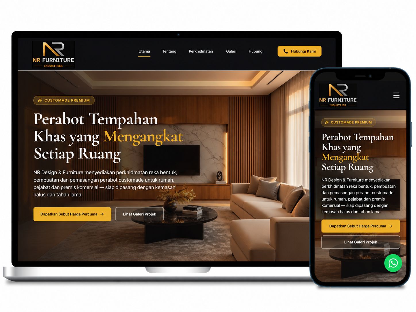 Laman web NR Design & Furniture dipaparkan pada komputer riba dan telefon mudah alih dengan reka bentuk responsif