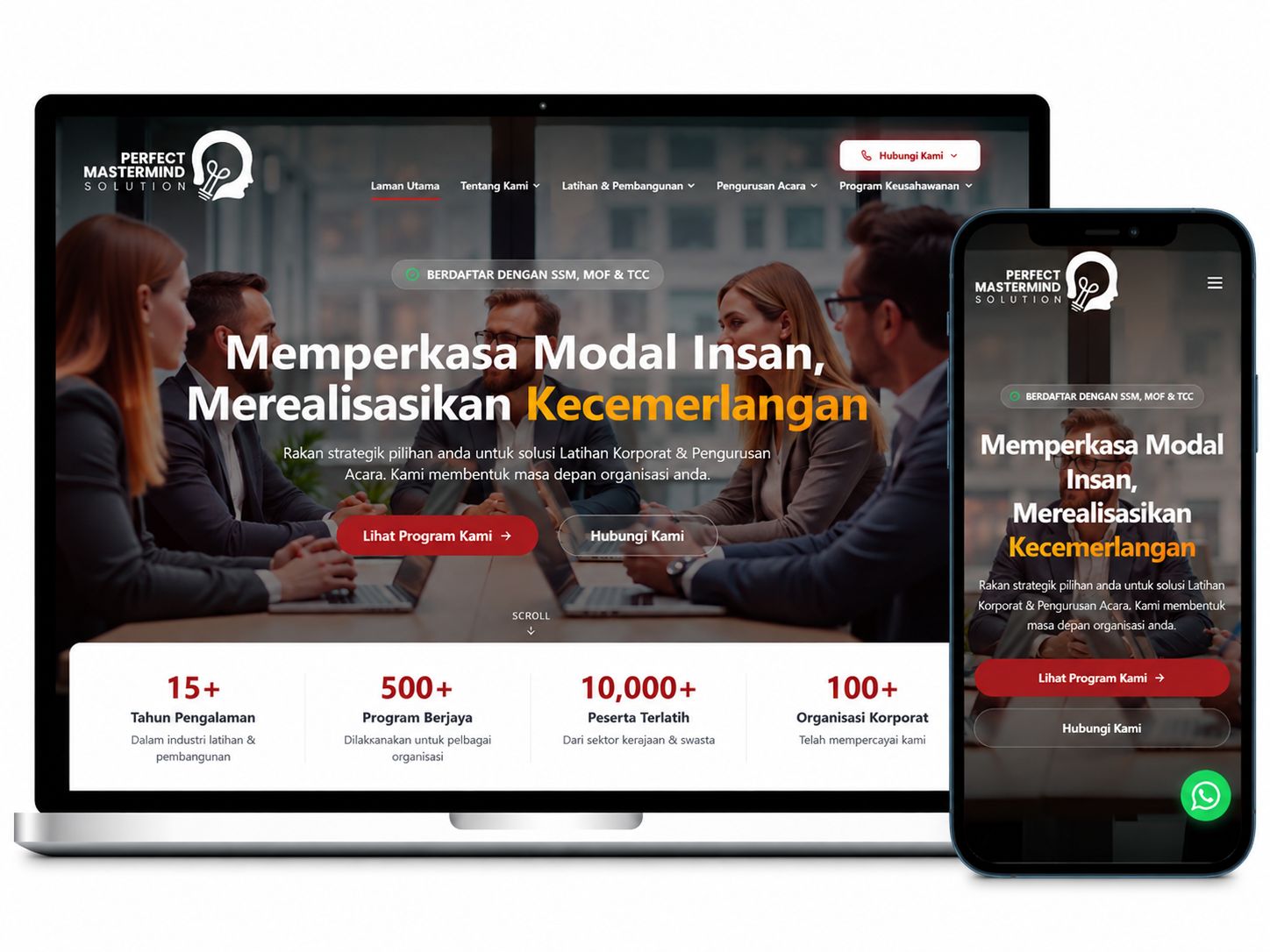 Laman web Perfect Mastermind Solution dipaparkan pada komputer riba dan telefon mudah alih dengan reka bentuk moden dan responsif