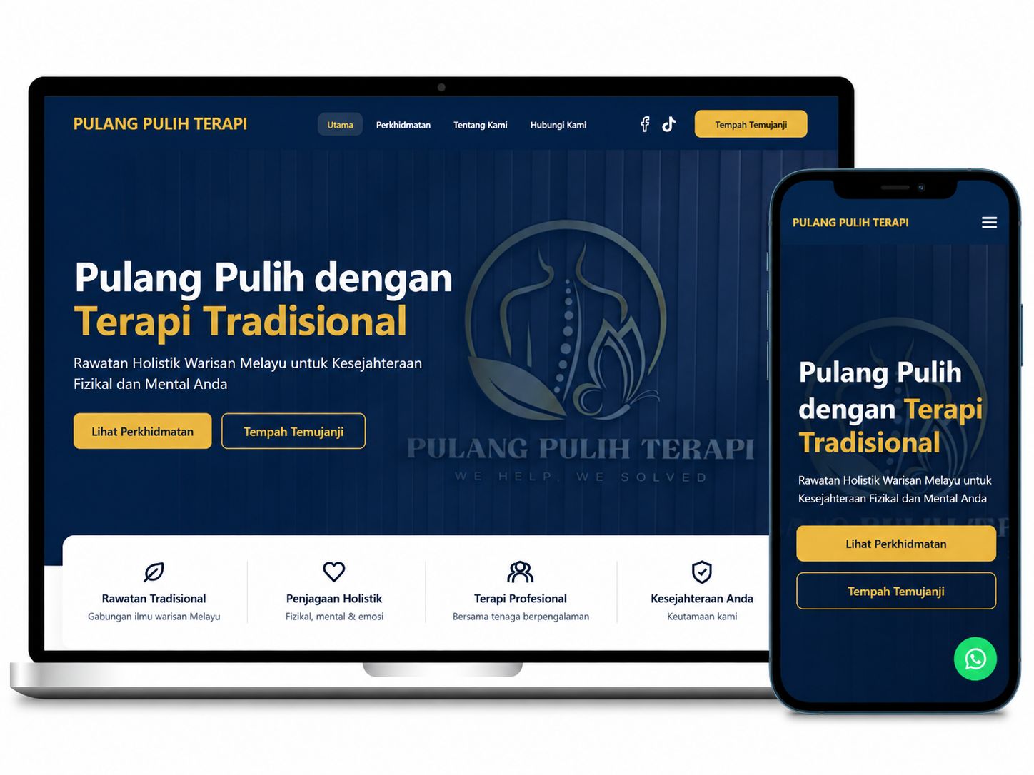 Laman web Pulang Pulih Terapi dipaparkan pada komputer riba dan telefon mudah alih dengan reka bentuk responsif