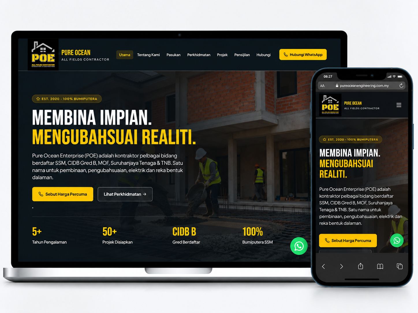 Laman web Pure Ocean Enterprise dipaparkan pada komputer riba dan telefon mudah alih dengan reka bentuk responsif