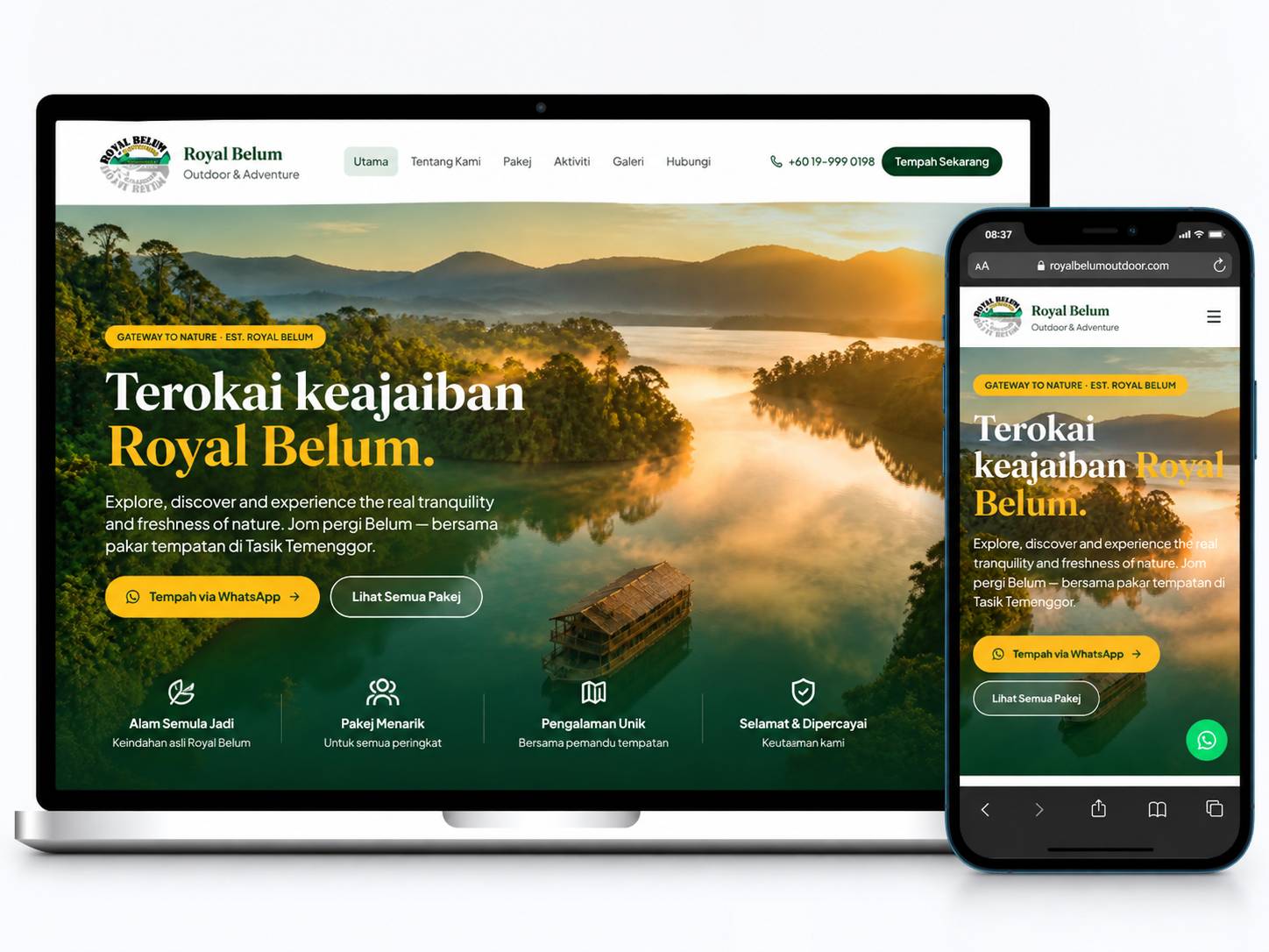 Laman web Royal Belum Outdoor & Adventure dipaparkan pada komputer riba dan telefon mudah alih dengan reka bentuk responsif