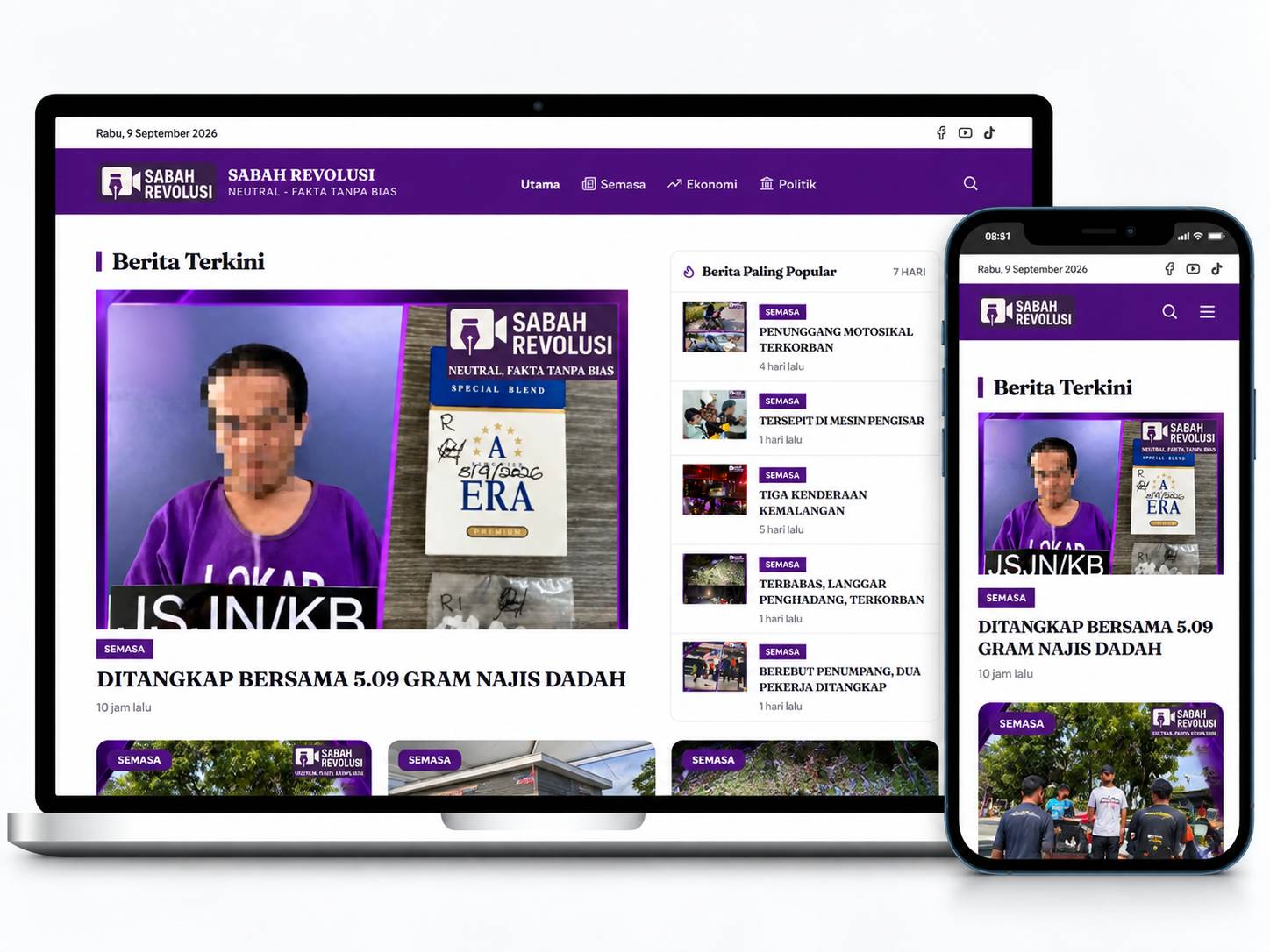 Laman web Sabah Revolusi dipaparkan pada komputer riba dan telefon mudah alih dengan reka bentuk portal berita yang responsif