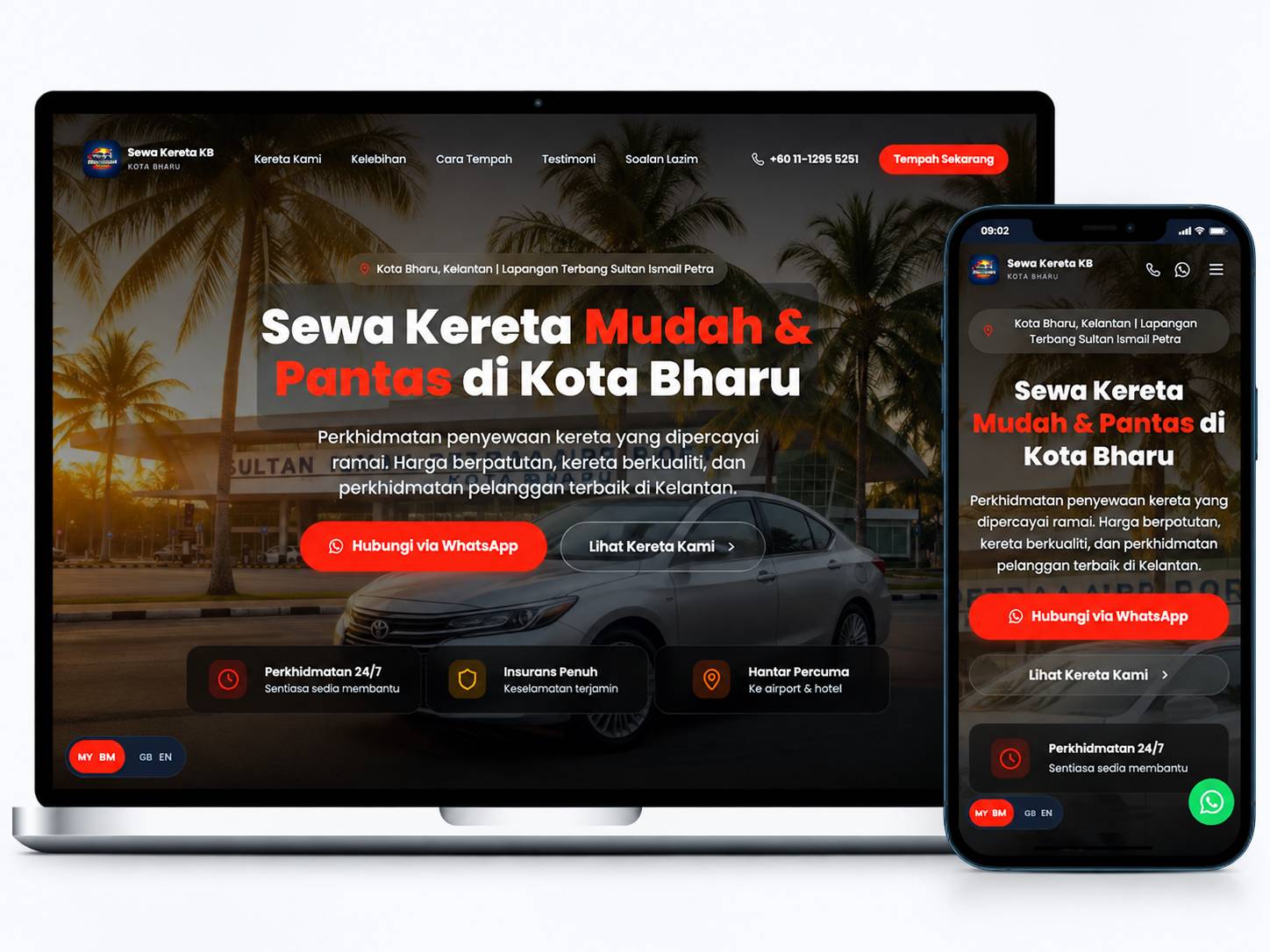 Laman web Sewa Kereta KB dipaparkan pada komputer riba dan telefon mudah alih dengan reka bentuk responsif