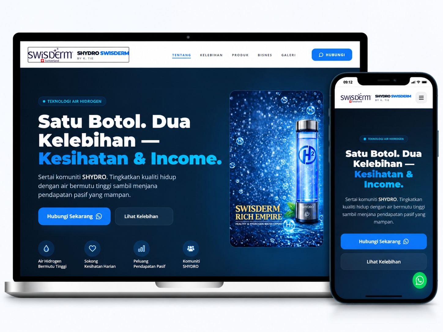 Laman web SHYDRO SWISDERM dipaparkan pada komputer riba dan telefon mudah alih dengan reka bentuk produk yang responsif