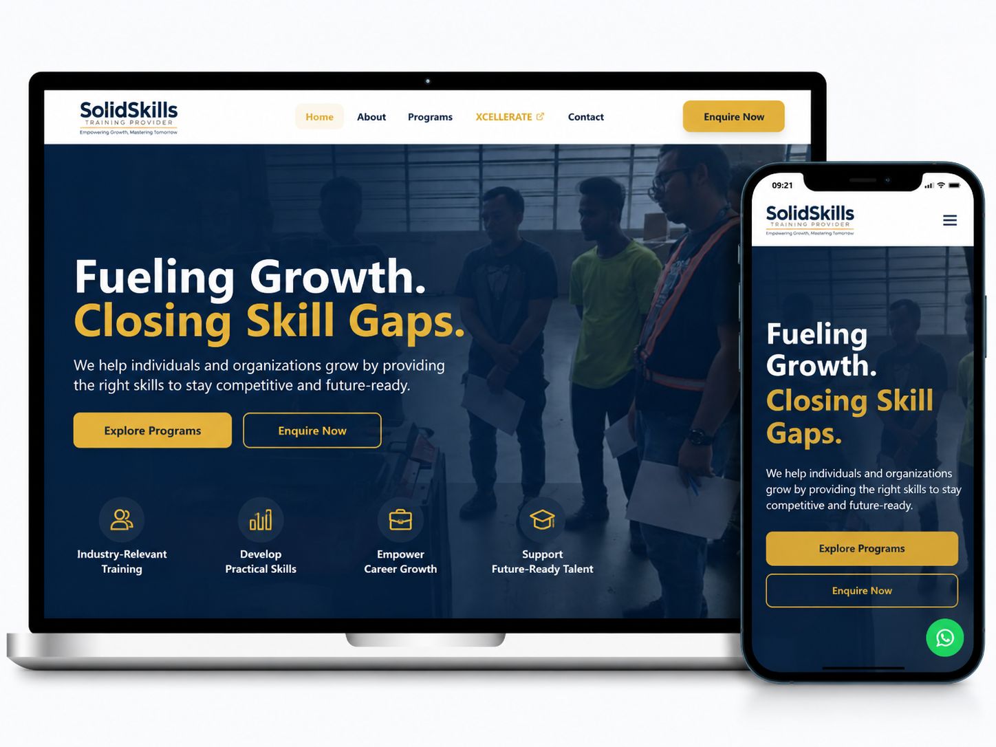 Laman web SolidSkills Training Provider dipaparkan pada komputer riba dan telefon mudah alih dengan reka bentuk responsif