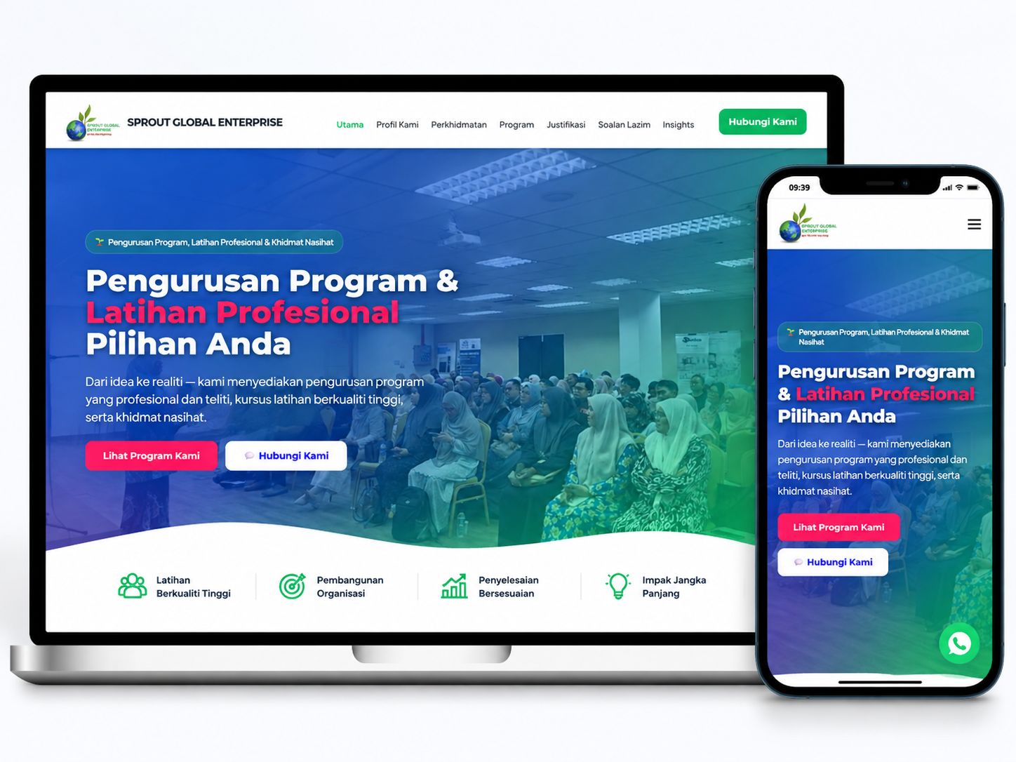 Laman web Sprout Global Enterprise dipaparkan pada komputer riba dan telefon mudah alih dengan reka bentuk responsif