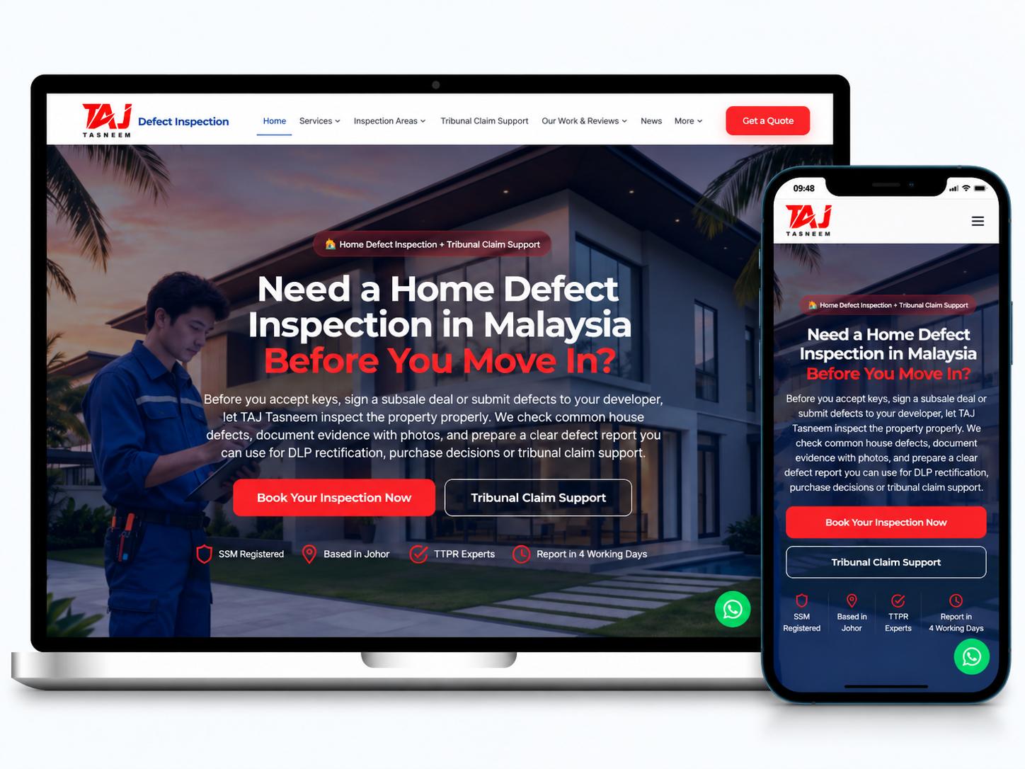 Laman web TAJ Tasneem Defect Inspection dipaparkan pada komputer riba dan telefon mudah alih dengan reka bentuk responsif