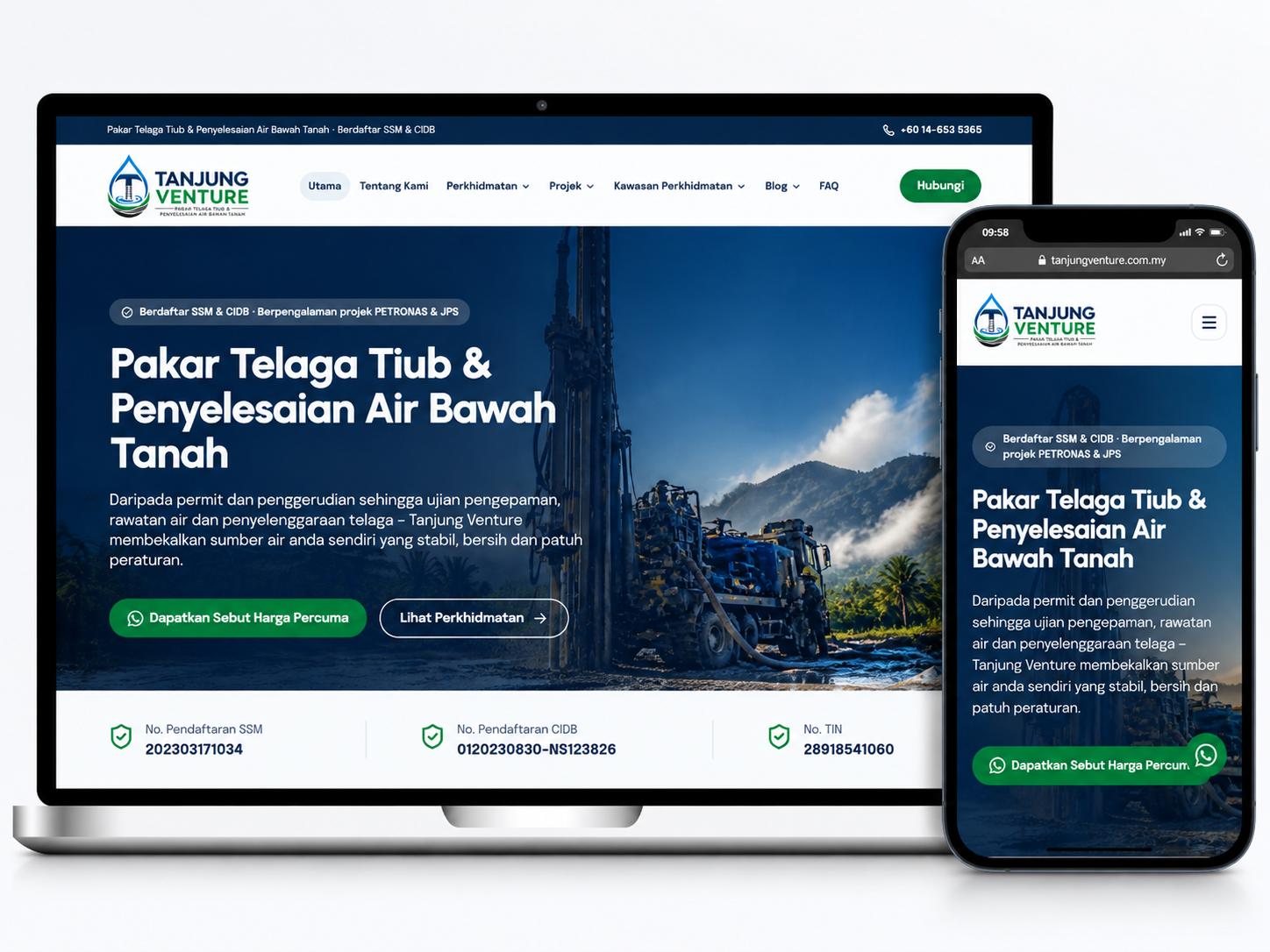 Laman web Tanjung Venture dipaparkan pada komputer riba dan telefon mudah alih dengan reka bentuk responsif