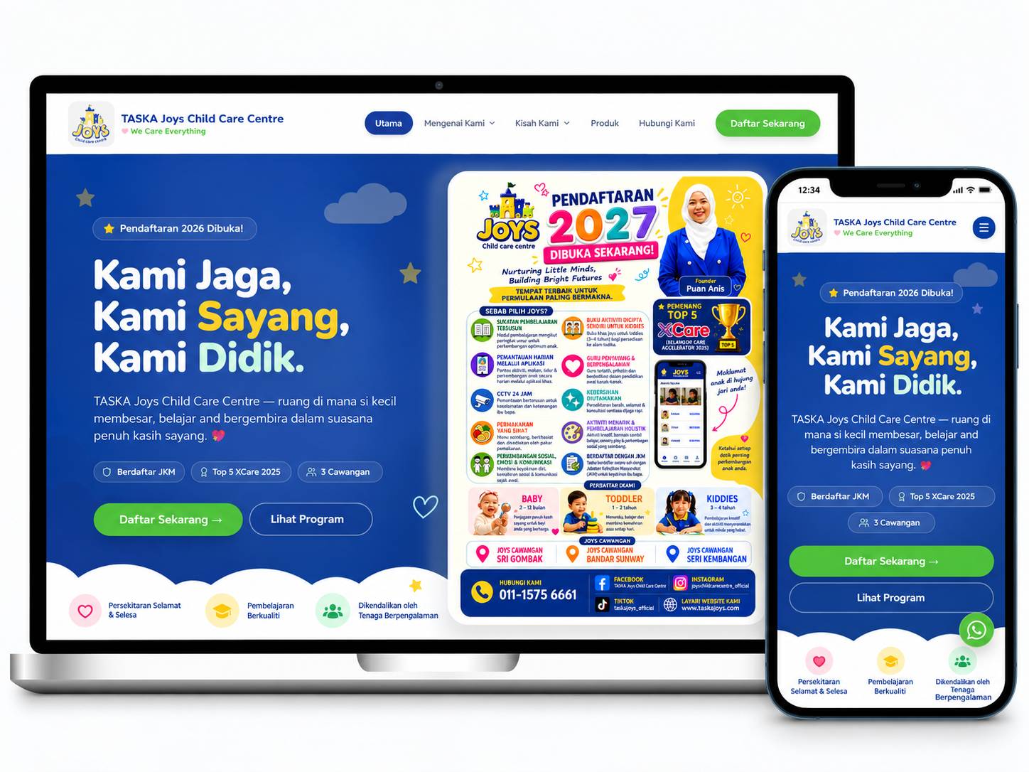 Laman web TASKA Joys Child Care Centre dipaparkan pada komputer riba dan telefon mudah alih dengan reka bentuk responsif dan mesra keluarga