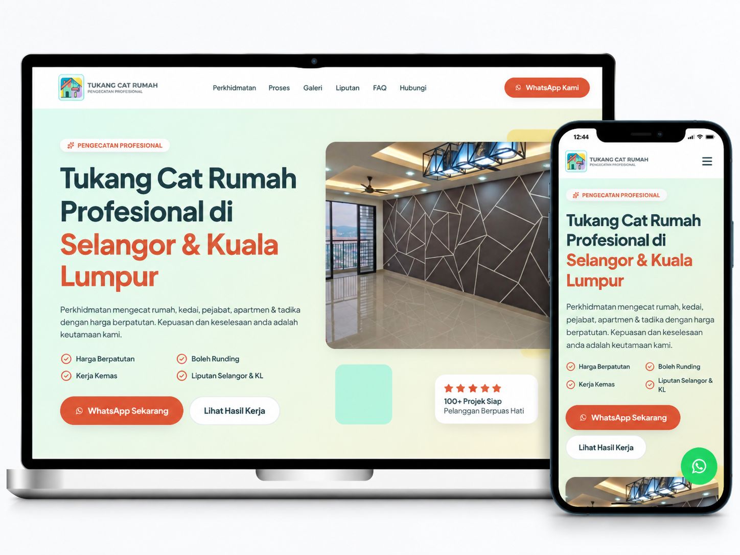 Laman web Tukang Cat Rumah dipaparkan pada komputer riba dan telefon mudah alih dengan reka bentuk responsif