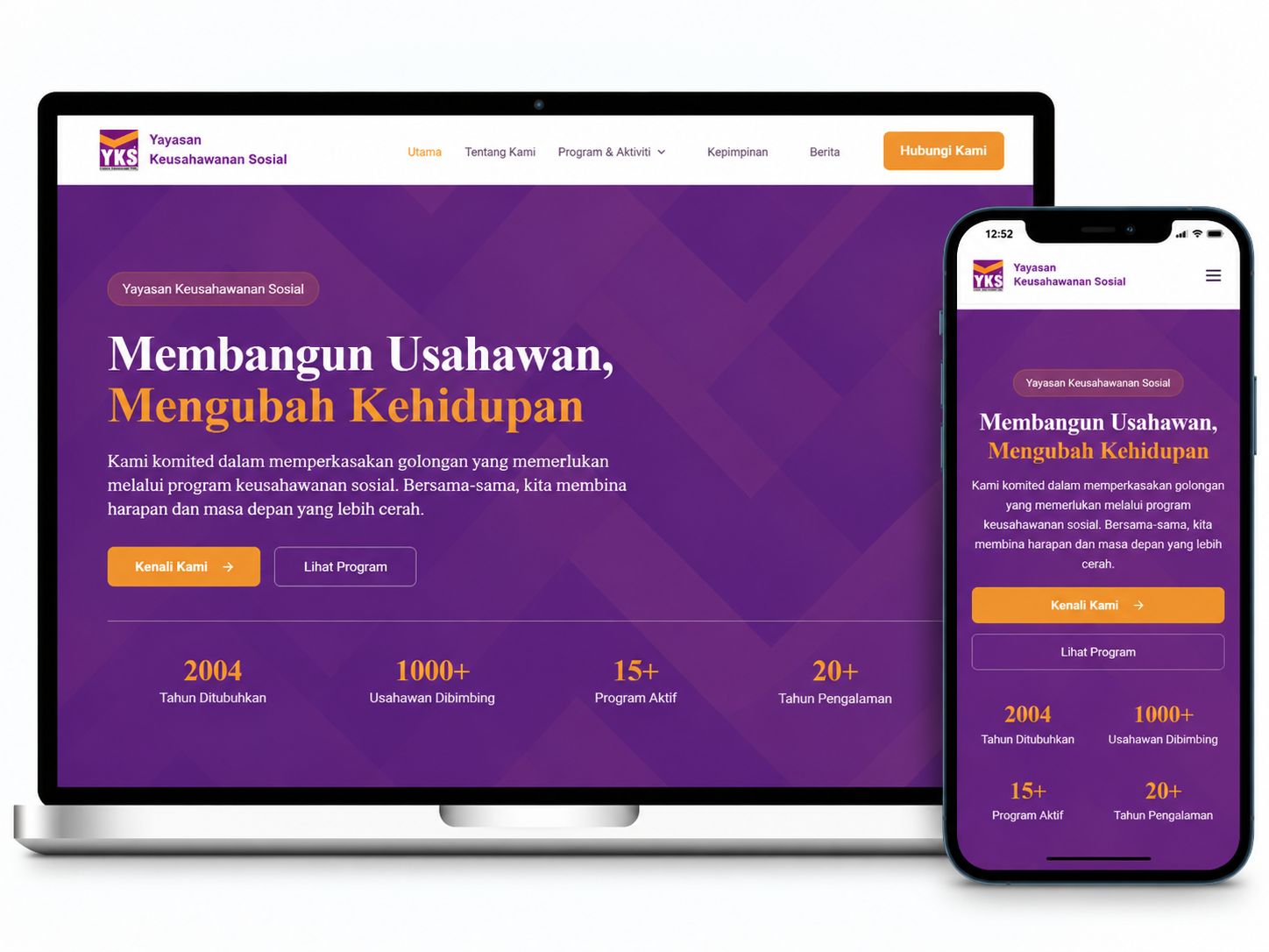 Laman web Yayasan Keusahawanan Sosial dipaparkan pada komputer riba dan telefon mudah alih dengan reka bentuk responsif