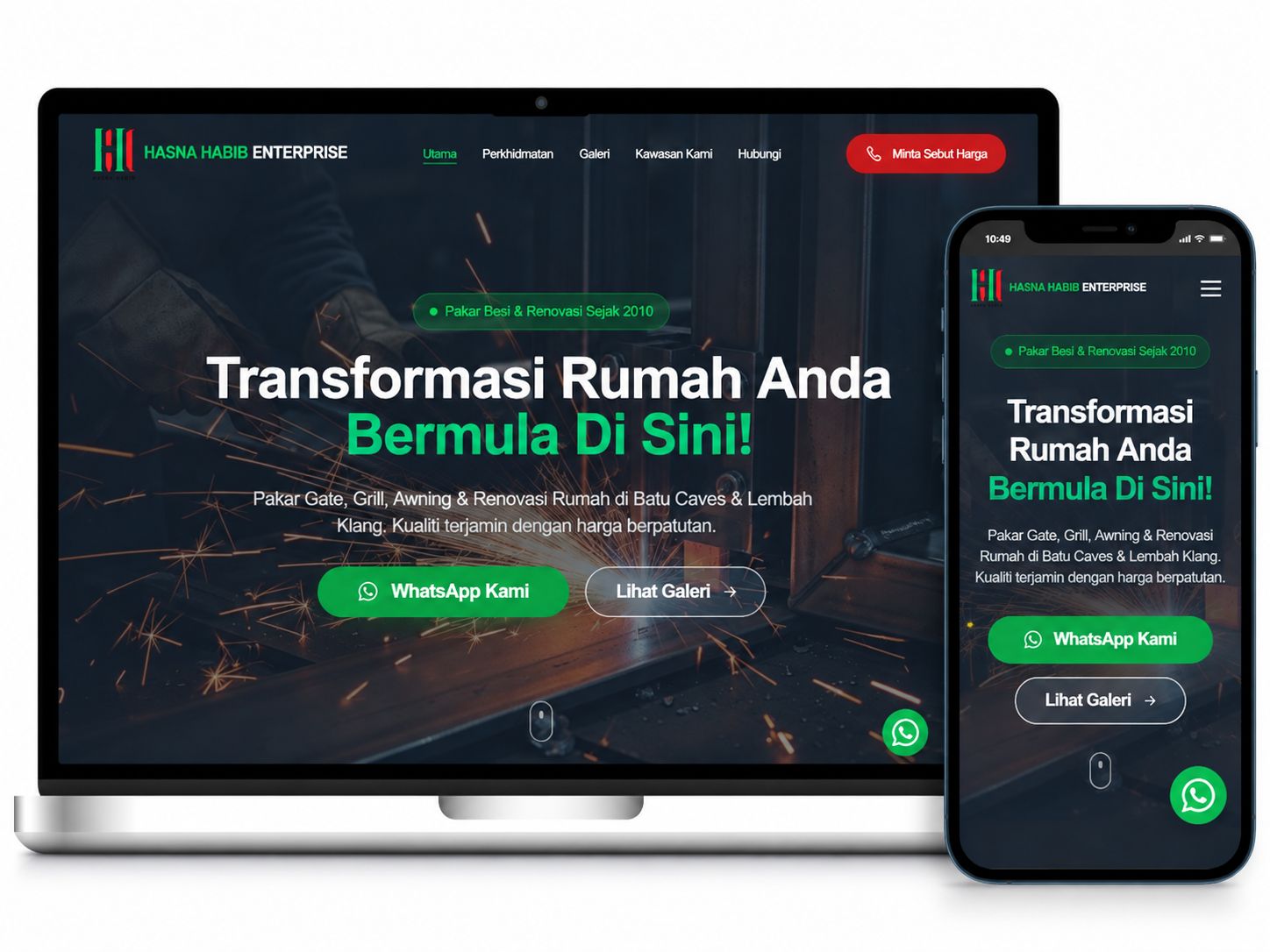 Laman web HH Home Renovation dipaparkan pada komputer riba dan telefon mudah alih dengan reka bentuk responsif