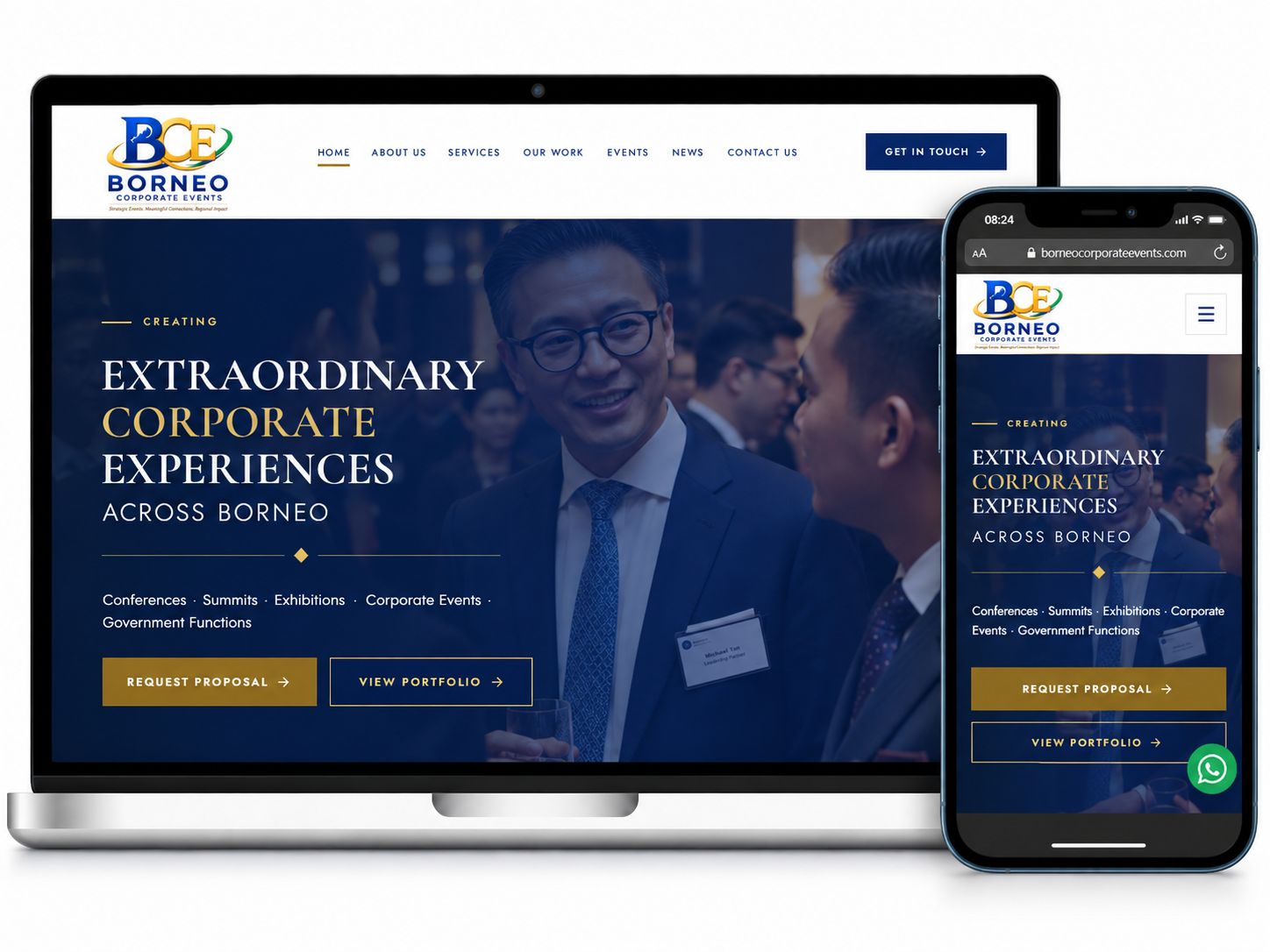 Laman web Borneo Corporate Events dipaparkan pada komputer riba dan telefon mudah alih dengan reka bentuk korporat yang responsif