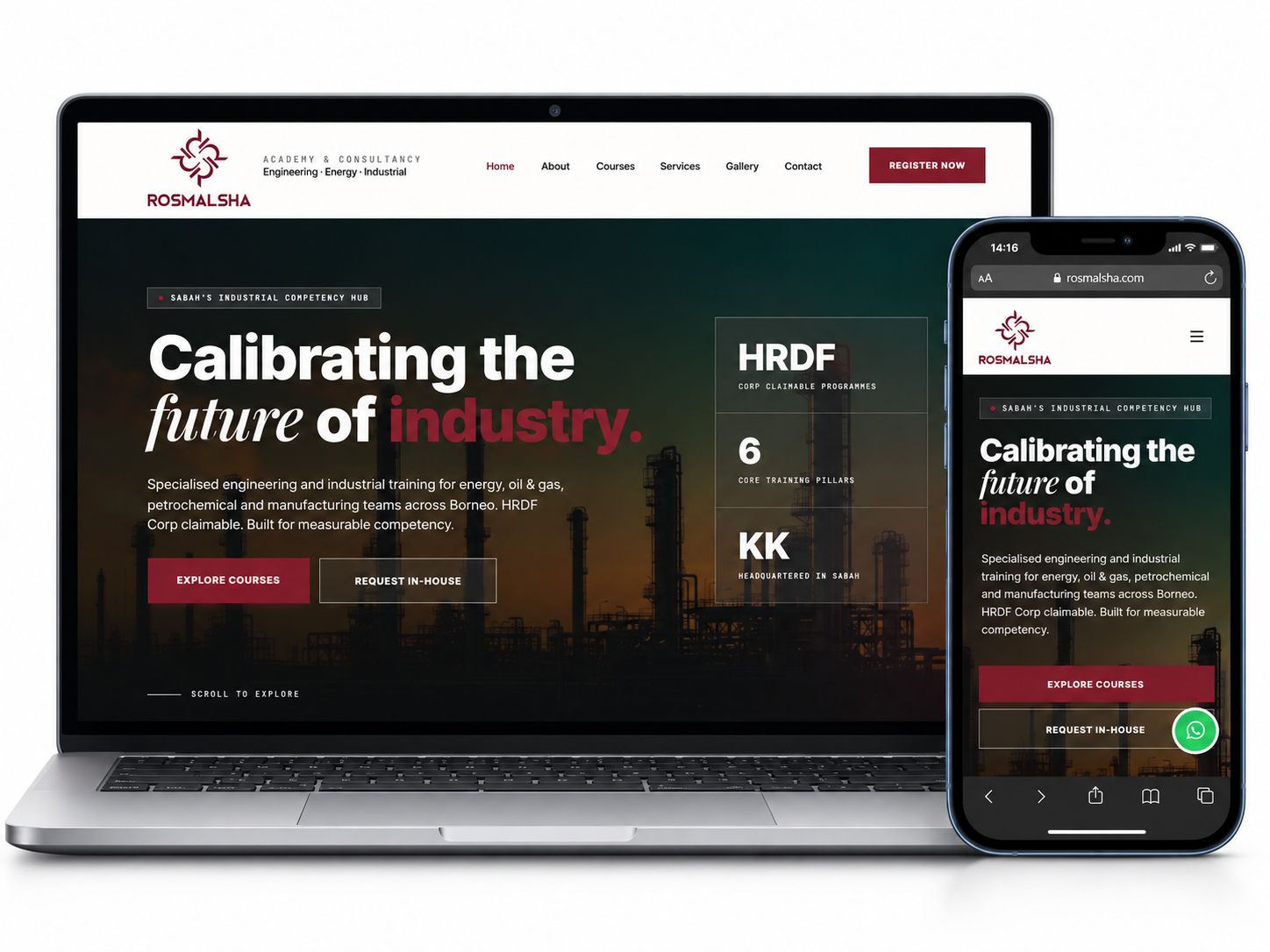 Laman web Rosmalsha Academy dipaparkan pada komputer riba dan telefon mudah alih dengan reka bentuk responsif beridentiti industri