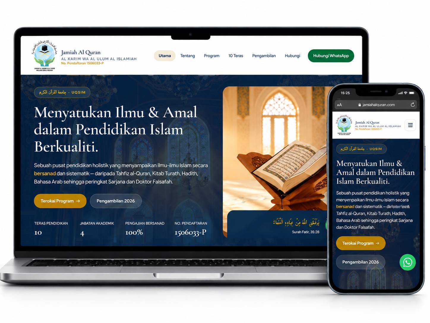 Laman web Jamiah Al Quran dipaparkan pada komputer riba dan telefon mudah alih dengan reka bentuk responsif beridentiti pendidikan Islam