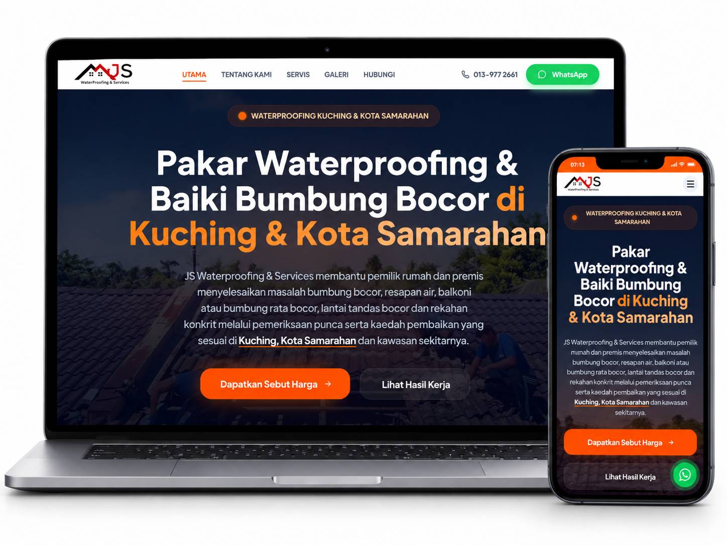 JS Waterproofing & Services website displayed on desktop and mobile devices with a responsive design