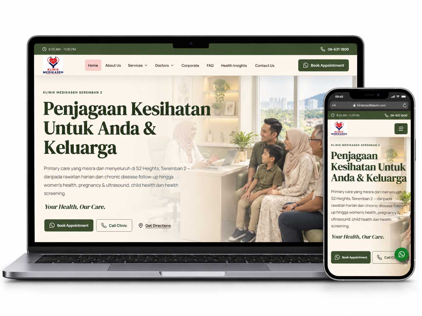 Klinik Medikaseh website displayed on desktop and mobile devices with a responsive design for a family clinic in Seremban 2