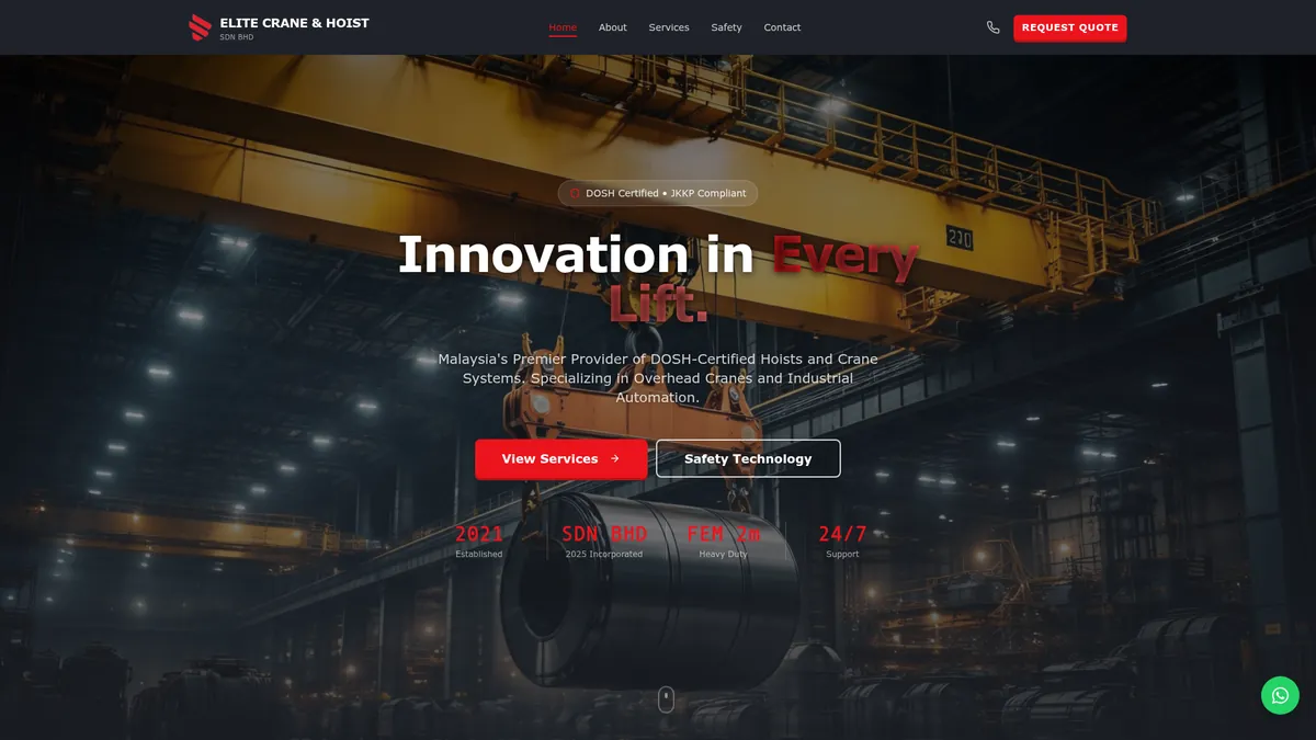 Laman web Elite Crane & Hoist dibina oleh Nibong Web Studio
